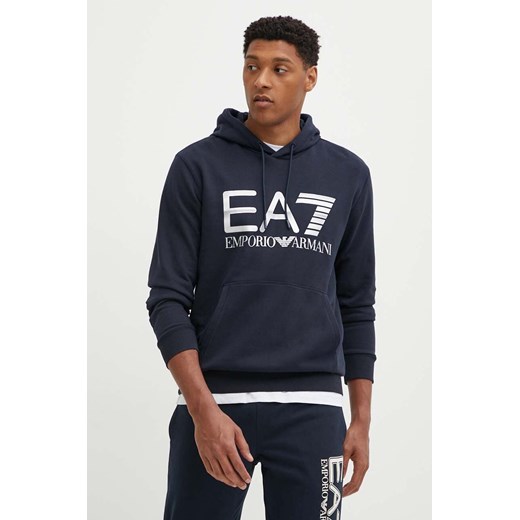 EA7 Emporio Armani bluza bawełniana męska kolor granatowy z kapturem z nadrukiem PJSHZ.6DPM16 ze sklepu ANSWEAR.com w kategorii Bluzy męskie - zdjęcie 173523726