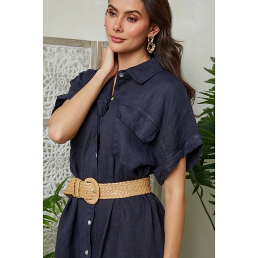 Lin Passion sukienka midi luźna koszulowa z długimi rękawami z kołnierzykiem 