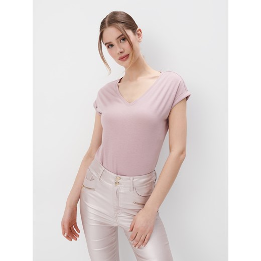 Mohito - Jasnoróżowy t-shirt z modalem - pastelowy różowy ze sklepu Mohito w kategorii Bluzki damskie - zdjęcie 173525656