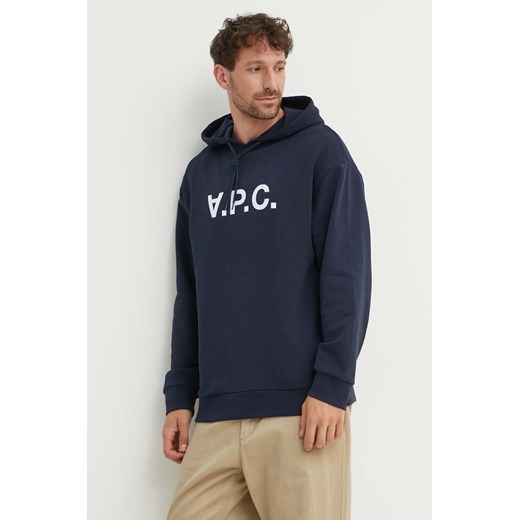 A.P.C. bluza bawełniana męska kolor granatowy z kapturem z nadrukiem ze sklepu ANSWEAR.com w kategorii Bluzy męskie - zdjęcie 173538395