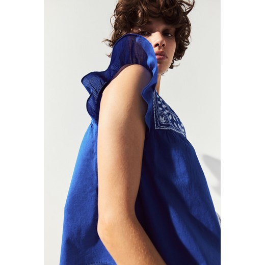 H & M - Bawełniana bluzka z haftem - Niebieski H & M L H&M