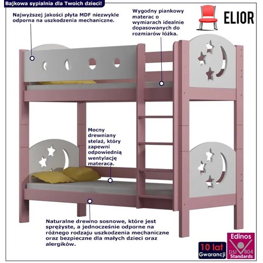 Różowe łóżko piętrowe z 2 materacami - Mimi 3X 180x80 cm Elior One Size Edinos.pl