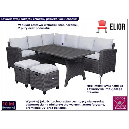 Narożnik ogrodowy ze stołem i 2 pufami - Etross Elior One Size Edinos.pl