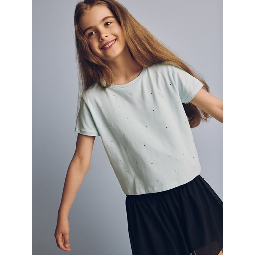 Reserved - T-shirt z cyrkoniami - jasnoturkusowy ze sklepu Reserved w kategorii Bluzki dziewczęce - zdjęcie 173581927