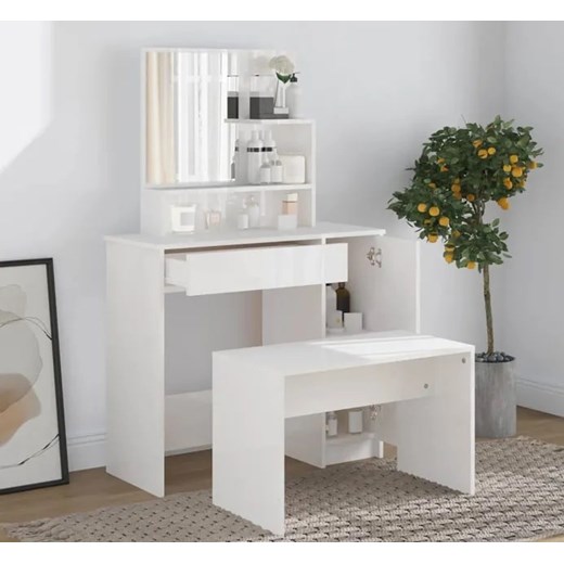 Toaletka kosmetyczna z lustrem i stołkiem biały połysk - Razia 5X Elior One Size Edinos.pl