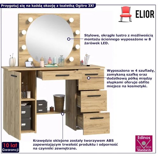 Toaletka z okrągłym lustrem i oświetleniem LED dąb craft - Ogitro 3X Elior One Size Edinos.pl