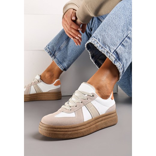Beżowo-Białe Sneakersy na Grubej Podeszwie z Ozdobnymi Przeszyciami Ysdole ze sklepu renee.pl w kategorii Buty sportowe damskie - zdjęcie 173637139