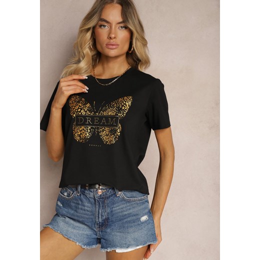 Czarny Casualowy T-shirt z Bawełny z Motywem Motyla z Cyrkoniami Jalflea ze sklepu Renee odzież w kategorii Bluzki damskie - zdjęcie 173638376