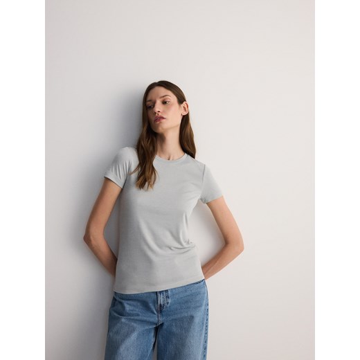 Bluzka damska Reserved z okrągłym dekoltem casual szara z krótkimi rękawami 