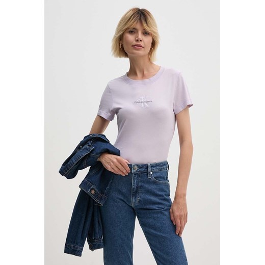 Calvin Klein Jeans t-shirt bawełniany damski kolor fioletowy J20J223556 ze sklepu ANSWEAR.com w kategorii Bluzki damskie - zdjęcie 173669337
