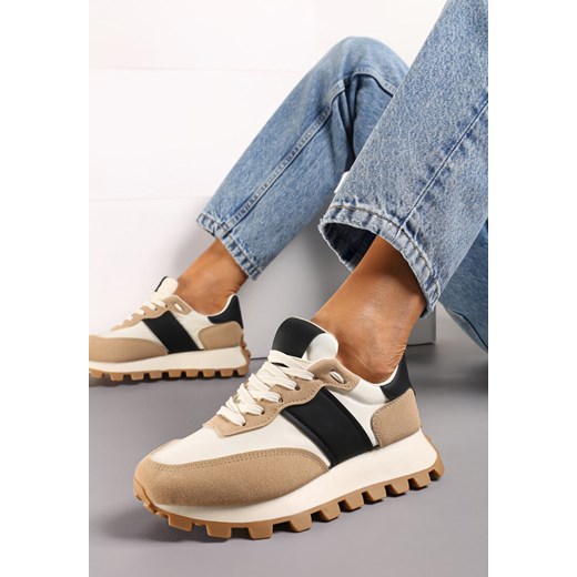 Beżowo-Czarne Sznurowane Sneakersy na Podeszwie z Bieżnikiem Ozdobione Przeszyciami Flipa ze sklepu renee.pl w kategorii Buty sportowe damskie - zdjęcie 173678039