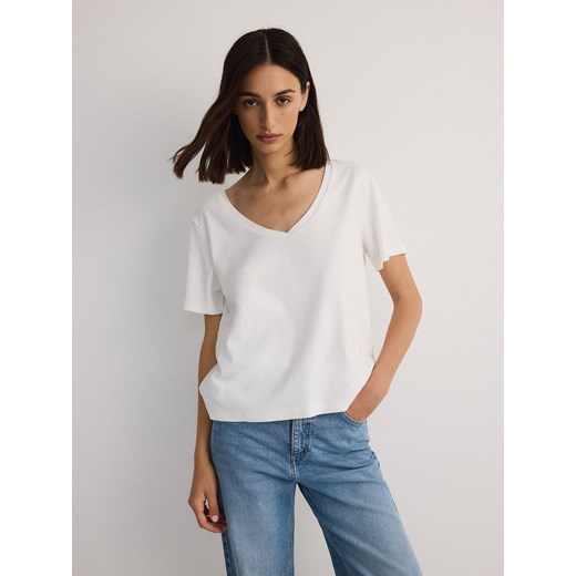 Reserved - Bawełniany t-shirt - złamana biel ze sklepu Reserved w kategorii Bluzki damskie - zdjęcie 173694705