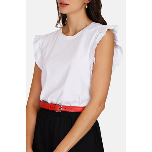 Bluzka damska ASSUILI biała bawełniana z okrągłym dekoltem 