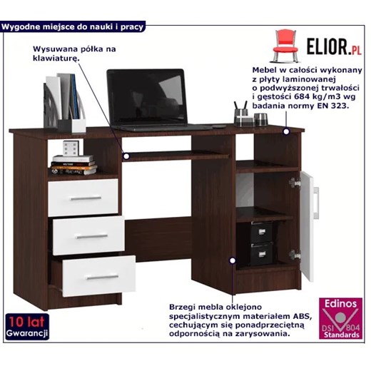 Komputerowe biurko z szufladami wenge + biały - Delian 2X Elior One Size Edinos.pl