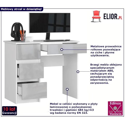 Biurko biało - szare z szufladami połysk - Nersta 3X Elior One Size Edinos.pl