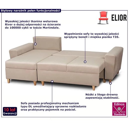 Beżowy welurowy narożnik z funkcją spania - Domiva Elior One Size Edinos.pl