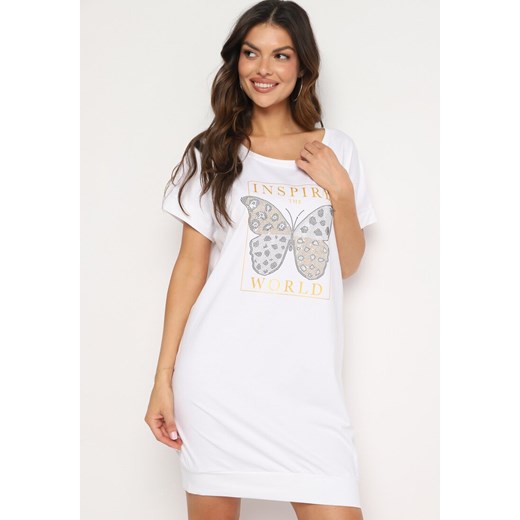 Biała Sukienka w Stylu T-Shirt z Nadrukiem Ozdobionym Cyrkoniami Kelifea ze sklepu Born2be Odzież w kategorii Sukienki - zdjęcie 173752435