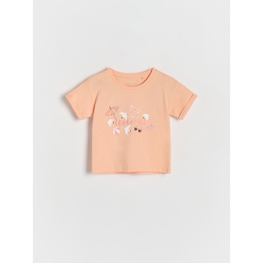 Reserved - Bawełniany t-shirt z nadrukiem - brzoskwiniowy ze sklepu Reserved w kategorii Koszulki niemowlęce - zdjęcie 173766425
