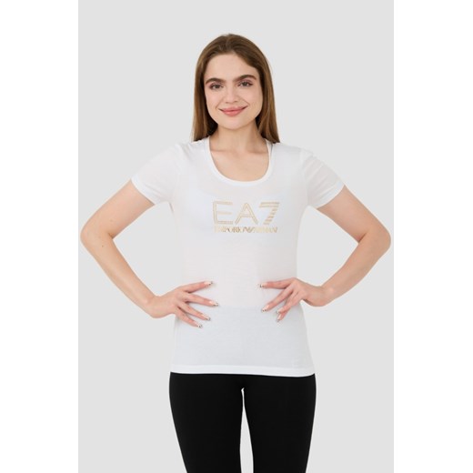 EA7 Biały t-shirt z cyrkoniami, Rozmiar M ze sklepu outfit.pl w kategorii Bluzki damskie - zdjęcie 173791629
