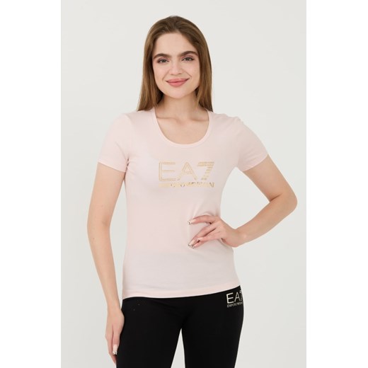 EA7 Różowy t-shirt z cyrkoniami, Rozmiar L ze sklepu outfit.pl w kategorii Bluzki damskie - zdjęcie 173791675