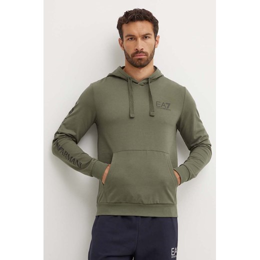 EA7 Emporio Armani bluza bawełniana męska kolor zielony z kapturem z nadrukiem PJ05Z.8NPM18 ze sklepu ANSWEAR.com w kategorii Bluzy męskie - zdjęcie 173800567