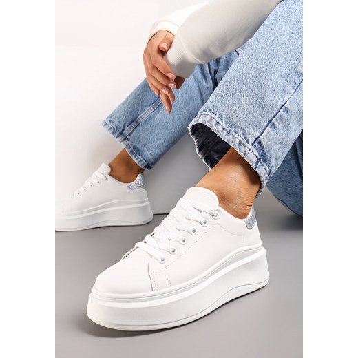 Biało-Srebrne Sneakersy Ozdobione Brokatem na Platformie Aeliris Renee 38 promocyjna cena renee.pl