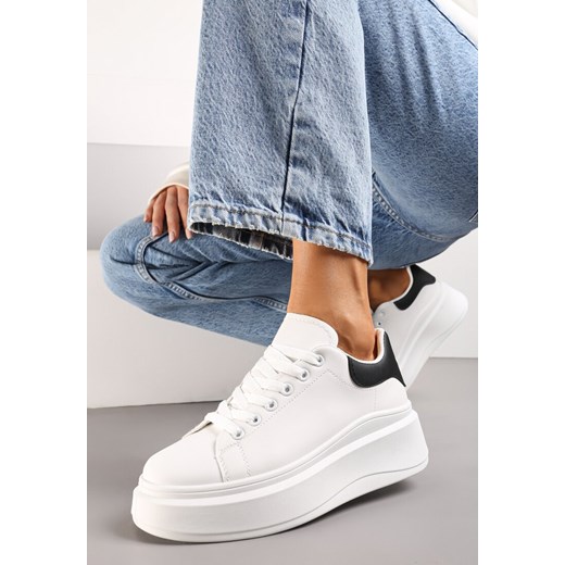 Biało-Czarne Sznurowane Sneakersy na Niskiej Platformie z Imitacji Skóry Ajanfa ze sklepu renee.pl w kategorii Buty sportowe damskie - zdjęcie 173826117