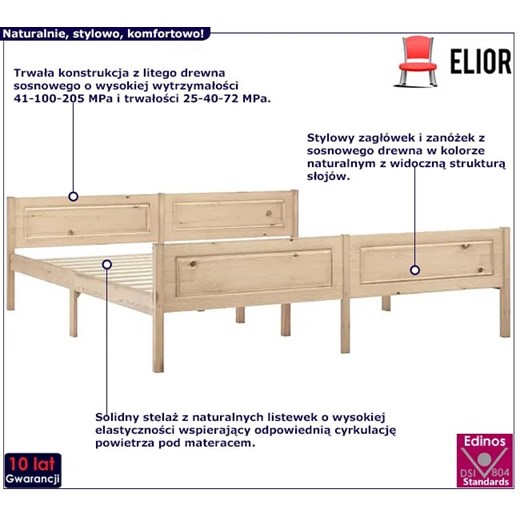 Małżeńskie łóżko z naturalnego drewna 180x200 - Siran 7X Elior One Size okazyjna cena Edinos.pl