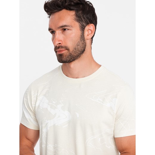Męski bawełniany t-shirt w esy-floresy – kremowy V7 OM-TSFP-0184 ze sklepu ombre w kategorii T-shirty męskie - zdjęcie 173831407