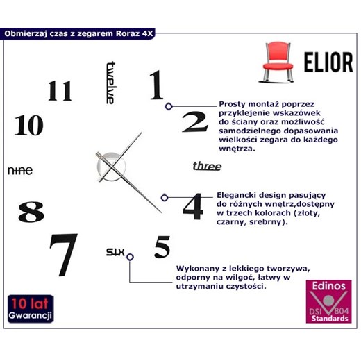 Stylowy czarny zegar ścienny 100cm - Roraz 4X Elior One Size Edinos.pl