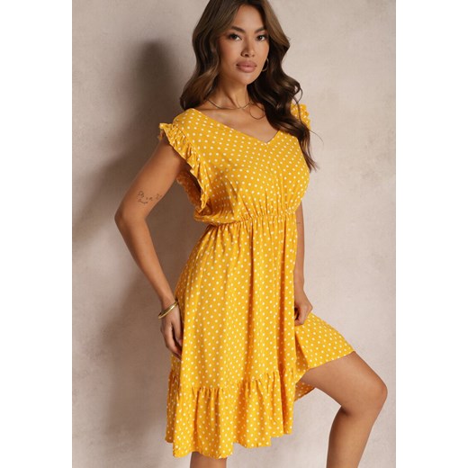 Żółta Taliowana Sukienka z Wiskozą Bawełną i Gumką w Talii Ozdobiona Falbanką Gesvia ze sklepu Renee odzież w kategorii Sukienki - zdjęcie 173887079