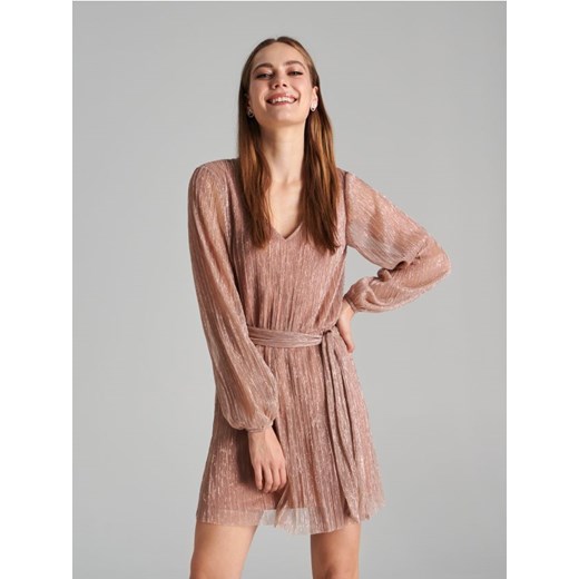 Sinsay - Sukienka mini z wiązaniem - beżowy Sinsay L Sinsay okazyjna cena