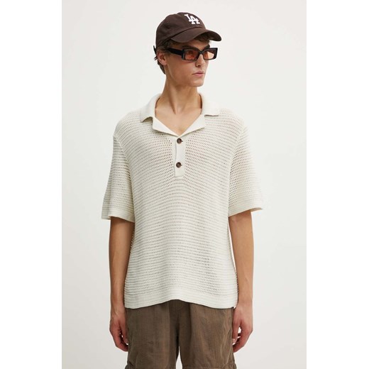 Abercrombie &amp; Fitch polo bawełniane kolor beżowy gładki ze sklepu ANSWEAR.com w kategorii T-shirty męskie - zdjęcie 173954105