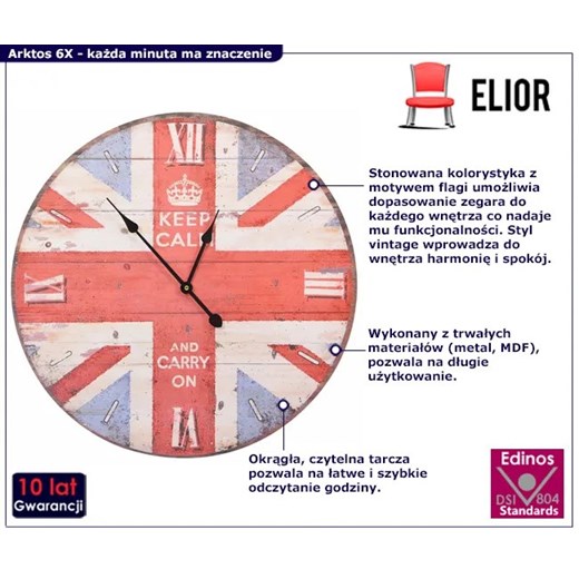 Wiszący zegar w stylu vintage z flagą UK 60 cm - Arktos 6X Elior One Size Edinos.pl