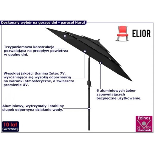 Czarny parasol ogrodowy z potrójnym daszkiem - Haru Elior One Size okazja Edinos.pl
