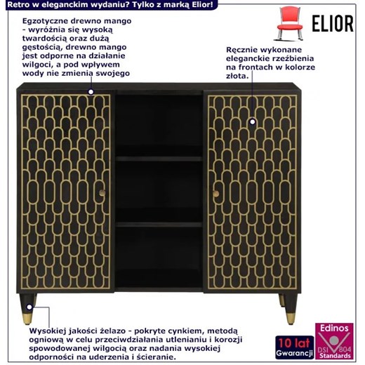 Czarna komoda z półkami na nóżkach - Movissa 20X Elior One Size Edinos.pl