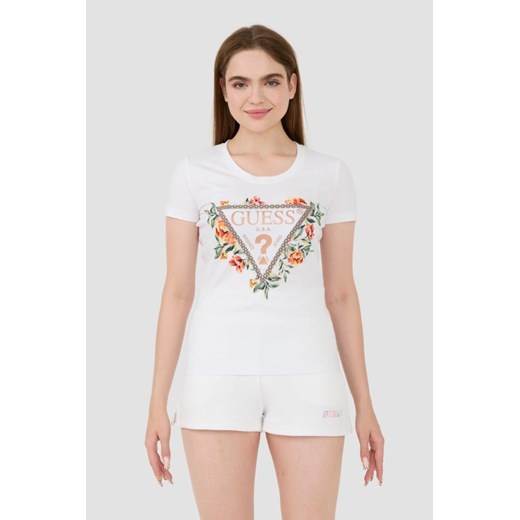 GUESS Biały t-shirt Triangle Flowers, Wybierz rozmiar XL ze sklepu outfit.pl w kategorii Bluzki damskie - zdjęcie 173970097