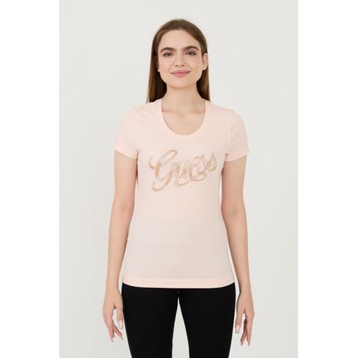 GUESS Różowy t-shirt Script, Rozmiar XL ze sklepu outfit.pl w kategorii Bluzki damskie - zdjęcie 173970127