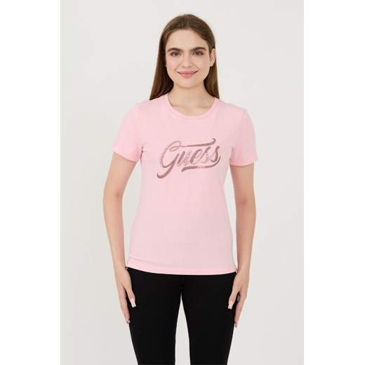 GUESS Różowy t-shirt Stones&embro Tee, Rozmiar L ze sklepu outfit.pl w kategorii Bluzki damskie - zdjęcie 173970157