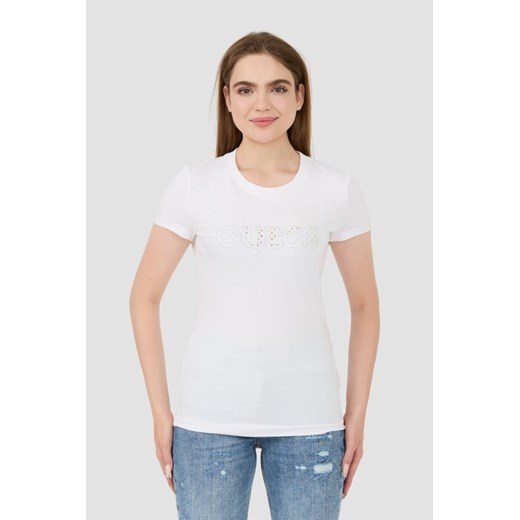 GUESS Biały t-shirt Sangallo Tee, Rozmiar L ze sklepu outfit.pl w kategorii Bluzki damskie - zdjęcie 173970176