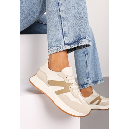 Beżowe Płaskie Sneakersy z Geometrycznym Wzorem Nawla ze sklepu born2be.pl w kategorii Buty sportowe damskie - zdjęcie 173990879