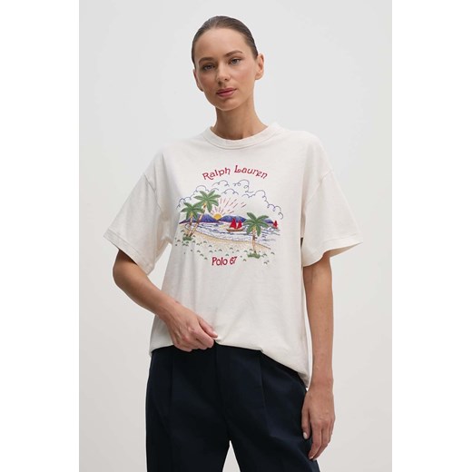 Polo Ralph Lauren t-shirt z domieszką lnu kolor beżowy 211935617 ze sklepu ANSWEAR.com w kategorii Bluzki damskie - zdjęcie 173998776