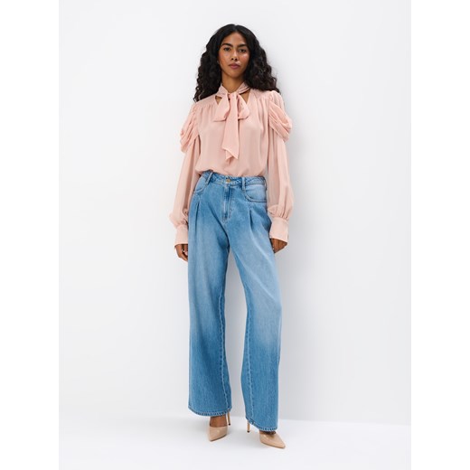 Mohito bluzka damska różowa z długim rękawem casual z szyfonu 