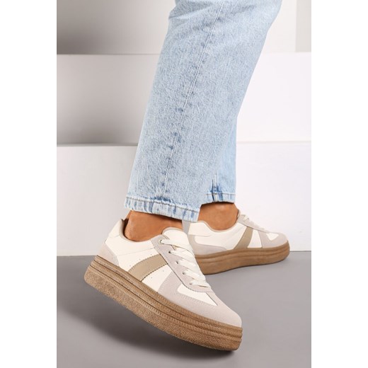 Ciemnobeżowe Sneakersy na Niskiej Platformie z Materiałowymi Wstawkami Xeonbia ze sklepu born2be.pl w kategorii Buty sportowe damskie - zdjęcie 174007485