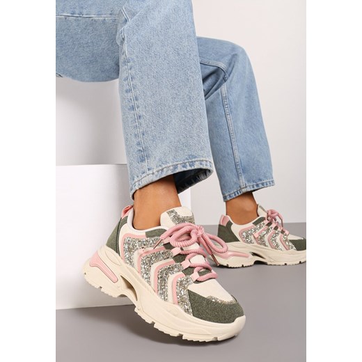 Beżowo-Zielone Brokatowe Sneakersy na Grubej Podeszwie Wlanna ze sklepu born2be.pl w kategorii Buty sportowe damskie - zdjęcie 174007515