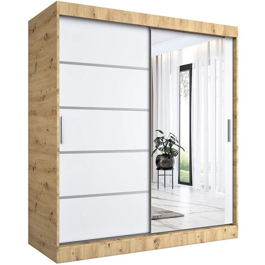 Szafa przesuwna 180 cm dąb artisan + biały - Marmos 5X ze sklepu Edinos.pl w kategorii Szafy - zdjęcie 174007587