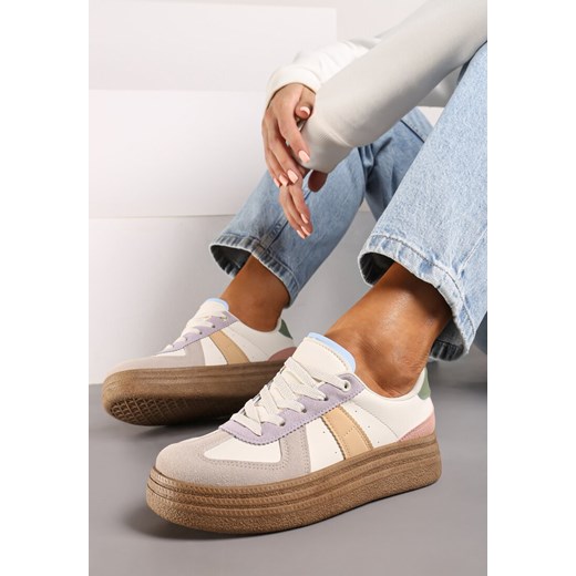 Beżowo-Fioletowe Sneakersy na Niskiej Platformie z Materiałowymi Wstawkami Xeonbia ze sklepu born2be.pl w kategorii Buty sportowe damskie - zdjęcie 174013066