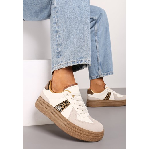 Beżowo-Brązowe Sneakersy na Niskiej Platformie z Materiałowymi Wstawkami Xeonbia ze sklepu born2be.pl w kategorii Buty sportowe damskie - zdjęcie 174013078