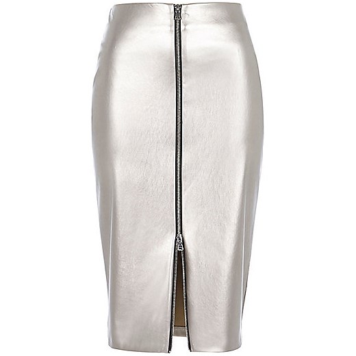 Silver metallic zip front pencil skirt river-island  