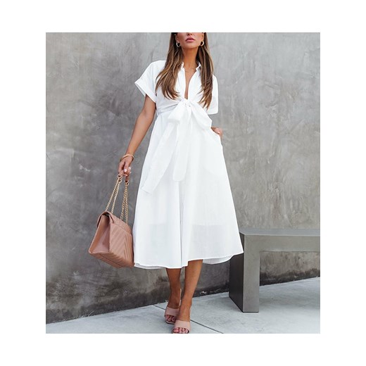 Sukienka La Angels biała w serek midi z krótkimi rękawami na wiosnę 